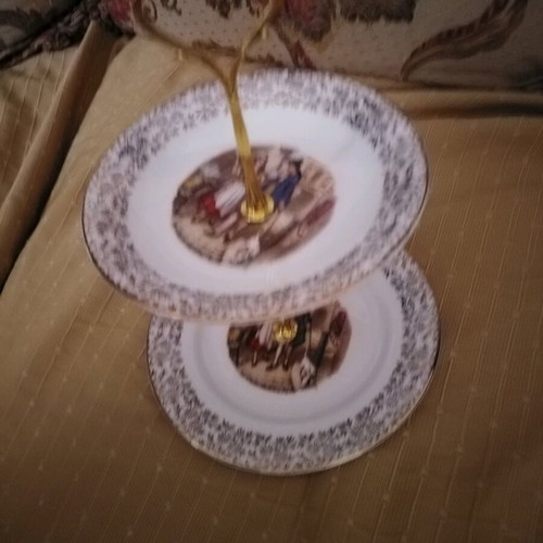 Two-tier English porcelain serving platter with gold floral trim