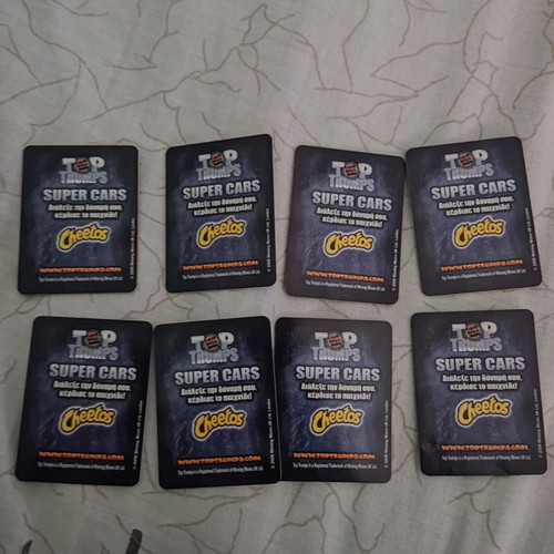 Top Trumps Super Cars Cheetos cards used, pack of 8