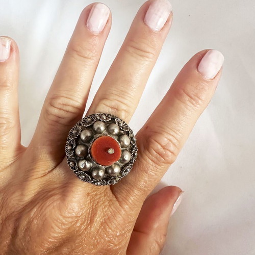 Ethnic ring used with natural coral stone