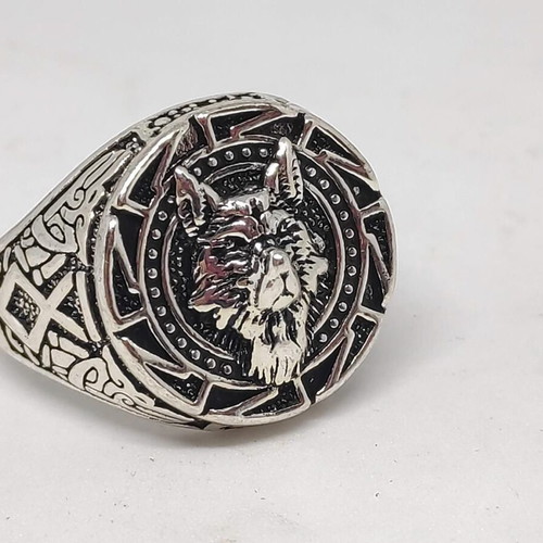 Men's Wolf Head Ring with Viking Symbols like new