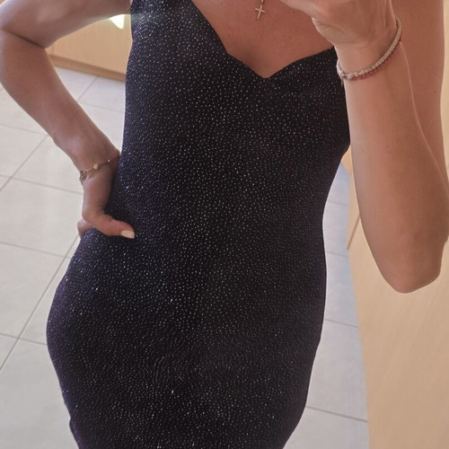 Black dress with purple silver details, elegant fit, thin straps