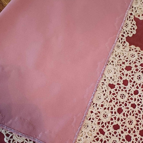 Handmade crochet motifs on refurbished velvet, pink salmon