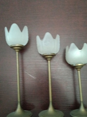 Vintage brass candlesticks with opaline, set of three, used