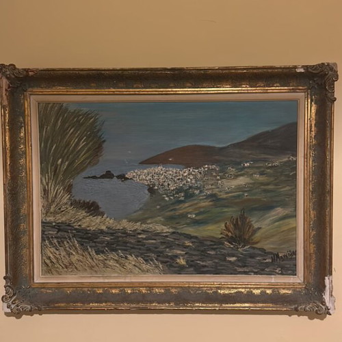 Handmade vintage painting of island landscape, used