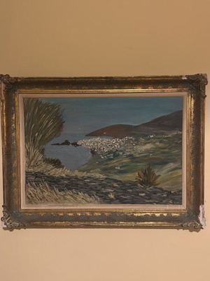 Handmade vintage painting of island landscape, used