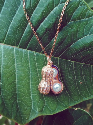 Peanut necklace with rhinestones and pearls, new