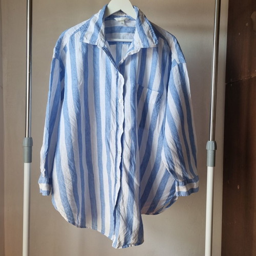 Γυναικεία λινή πουκάμισο H&M XL μεταχειρισμένο, λευκό και μπλε