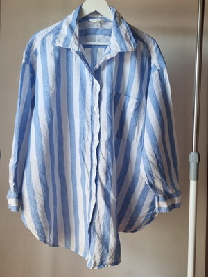 Γυναικεία λινή πουκάμισο H&M XL μεταχειρισμένο, λευκό και μπλε