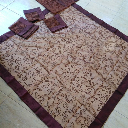 Tablecloth set of five pieces iridescent dark brown, silk organza with embossed flowers and border