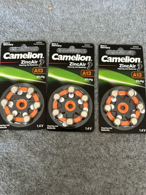 Camelion Zincair A13 hearing aid batteries new, pack of 3x6