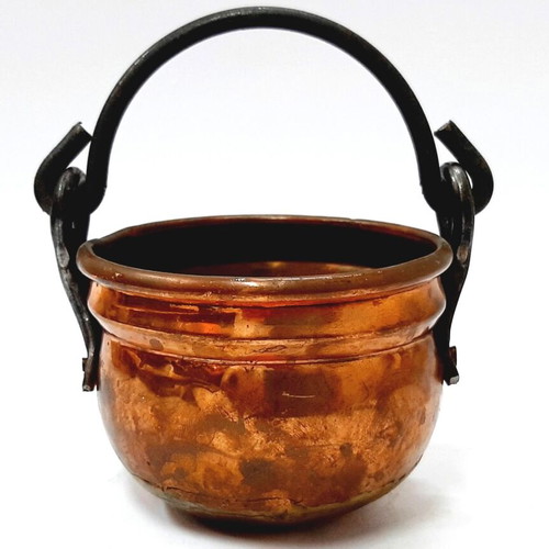 French copper cauldron hand hammered with forged iron handle, like new