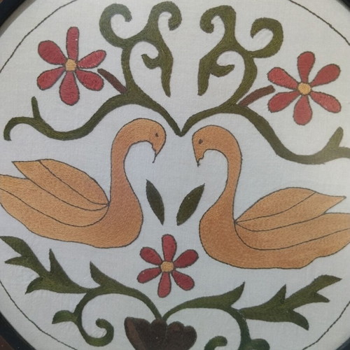 Old embroidery framed, diameter 42 cm, used, Skyrian style