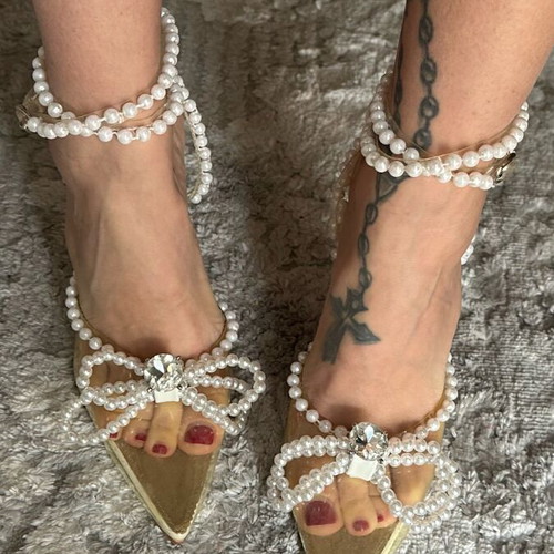 Pearl-embellished pumps new, size 39-39.5, white and beige