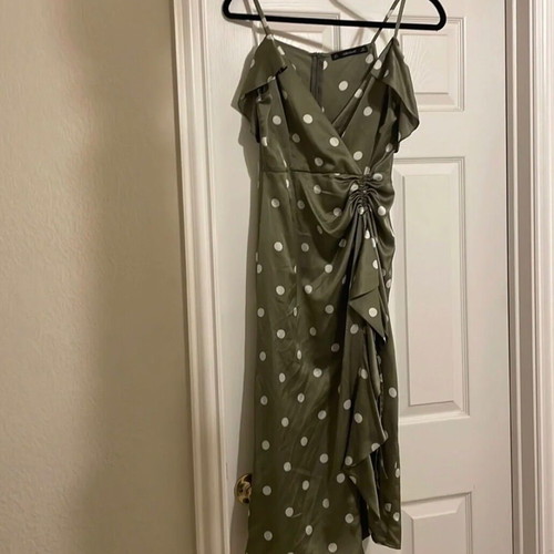 Zara Satin Khaki Polka Dot Open Shoulder Midi Dress Size Medium like new