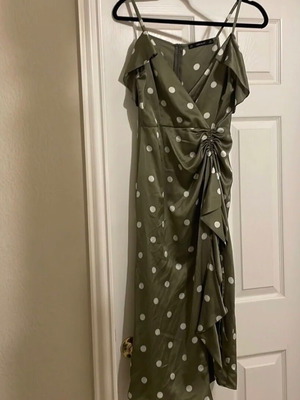 Zara Satin Khaki Polka Dot Open Shoulder Midi Dress Size Medium like new