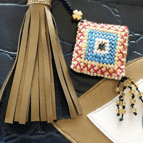 Handmade blue leatherette clutch bag with embroidery and zipper