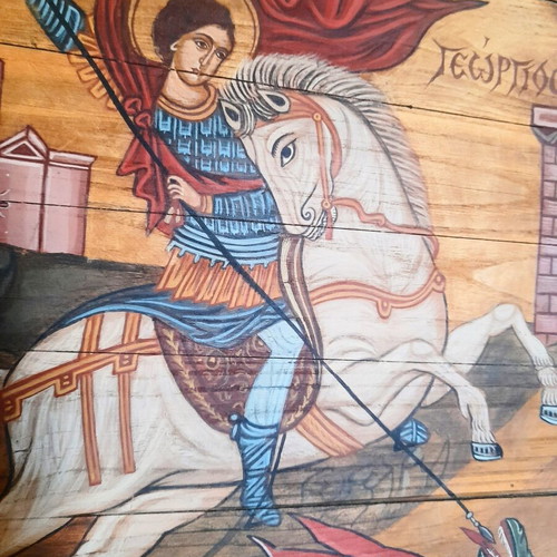 Handmade Saint George Icon Egg Tempera on Old Barrel Lid 48cm like new