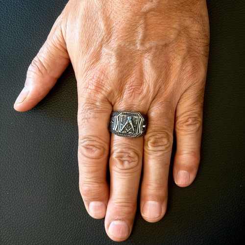 Masonic Square & Compasses Ring new, blue stone, 316L steel, US 15