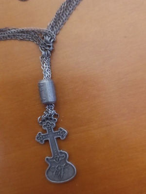 Gothic EJ Brand Necklace like new, long chain with cross guitar pendant