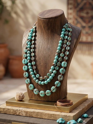 Necklace with triple row of turquoise stones and leather, 40 cm in length