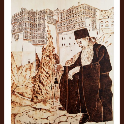 Mount Athos Monk pyrography painting new on linden wood