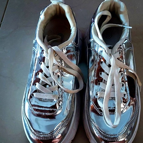 Silver Sneakers size 37 like new, chunky sole, synthetic leather