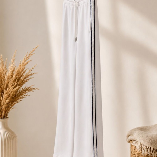 White summer wide-leg pants with side stripes