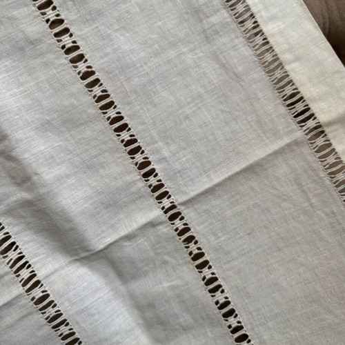 Handmade tablecloth used with openwork and lace, beige