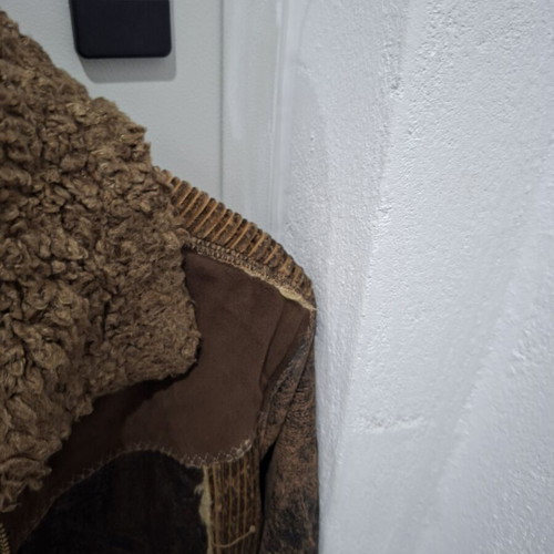Energy jacket used, warm, beige and brown, patchwork fur and suede