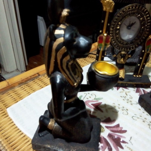 Ethnic table clock and two candle holders set used, Egyptian style