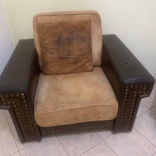 Italian leather sofa with alcantara, like new, two armchairs