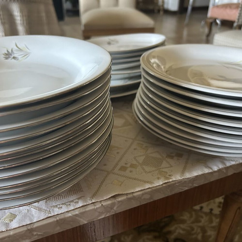 Candia porcelain dinnerware set used, 12 plates and assorted pieces