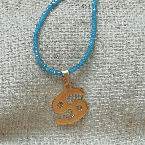 Cancer Zodiac Necklace gold plated with blue iridescent pendant
