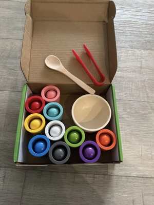 Wooden educational toy with spoon and color matching tweezers, new