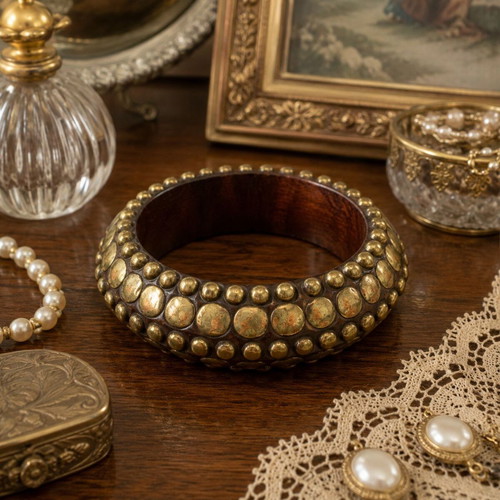 Vintage wooden bracelet with brass metal caps boho style like new