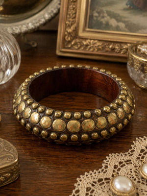 Vintage wooden bracelet with brass metal caps boho style like new