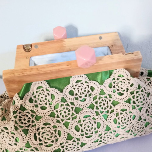 Handmade crochet bag nude and green satin with minky lining