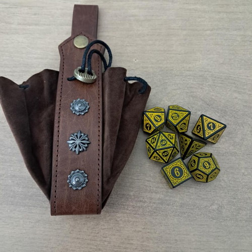 Medieval leather dice bag with yellow retro D&D dice