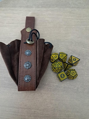 Medieval leather dice bag with yellow retro D&D dice