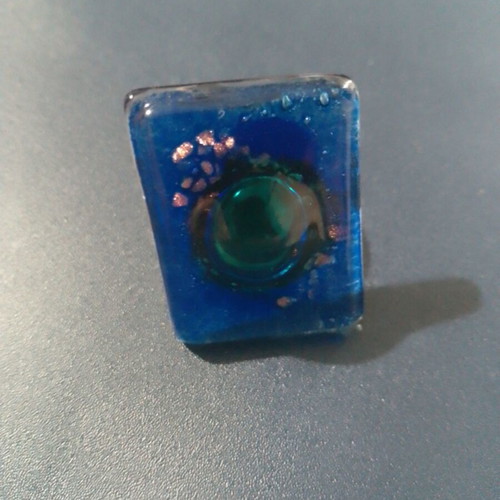 Handmade glass ring in blue and green with gold flakes, new, adjustable