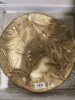 Monna Glass Serving Platter 32cm Olive Gold Leaf new