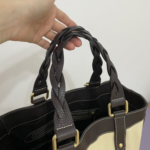 Massimo Dutti leather and cotton tote bag, dark brown and ecru