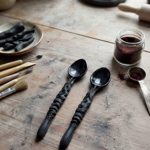 Ceramic Handmade Black Spoons with Embossed Handle