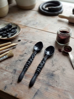 Ceramic Handmade Black Spoons with Embossed Handle