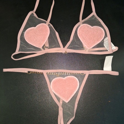 Women's lingerie set new, pink semi-transparent with heart design