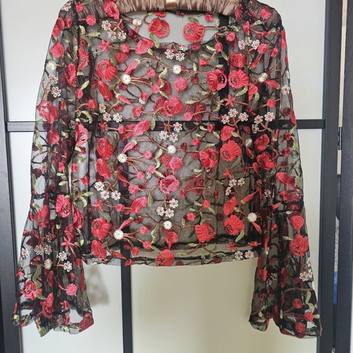 Shein see-through red roses long sleeve top size S like new