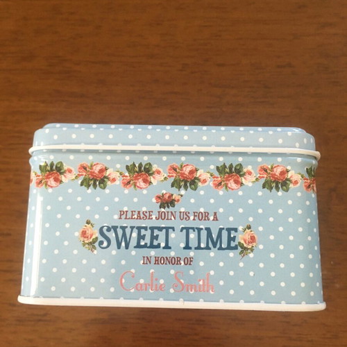 Metal box like new, square with blue polka dots and flowers