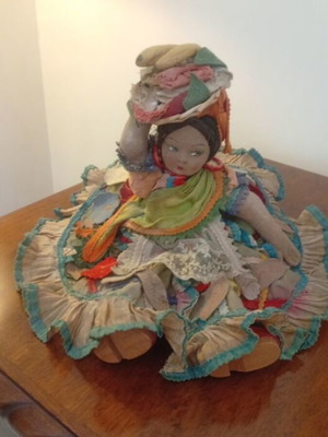 Collectible antique fabric doll Carmen Miranda from Brazil 1920-30 used