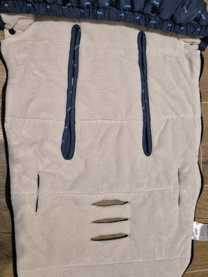 Baby footmuff used, warm with slots for straps