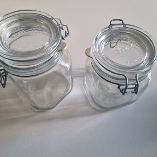 Glass containers used, set of 2 with airtight lids 1 lt and 750 ml